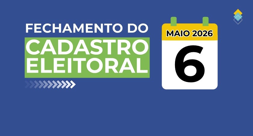 Banner azul com a inscrição fechamento do cadastro eleitoral e o desenho de um calendário indica...