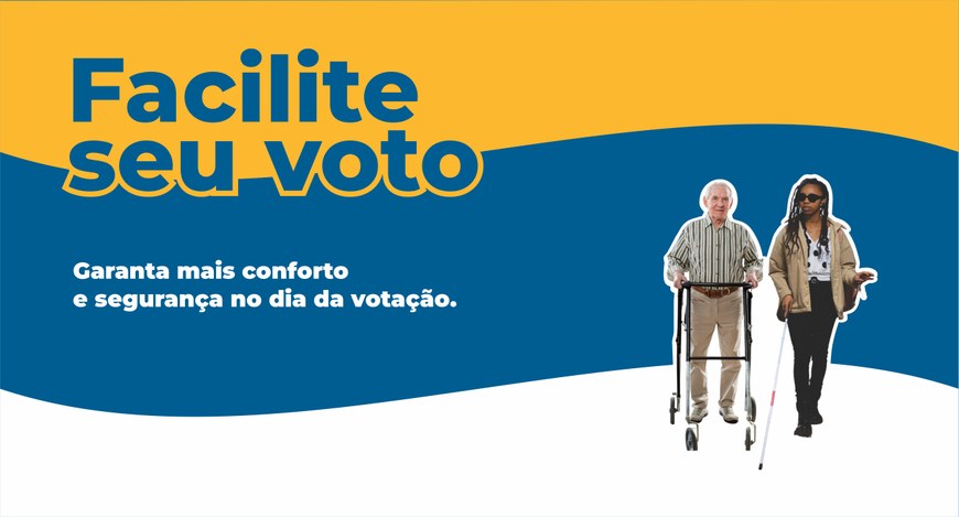 Banner nas cores amarelo, azul e branco. No canto direito, a imagem de um idoso com andador e um...