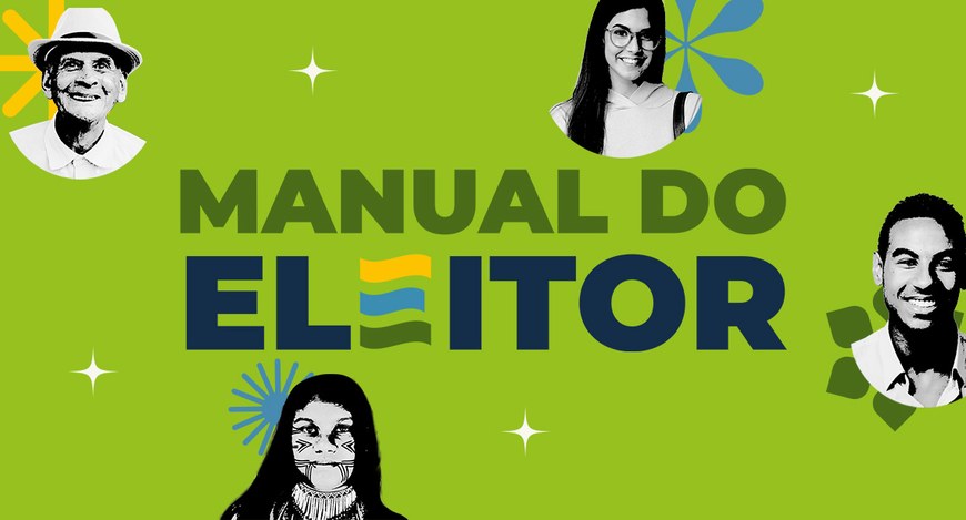 Banner verde claro com o título Manual do Eleitor e fotos em preto e branco do rosto de quatro p...
