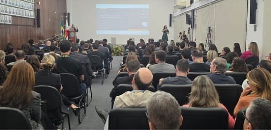 Foto mostra a ministra Estela Aranha ao fundo, de pé no canto esquerdo de um palco. Em primeiro ...