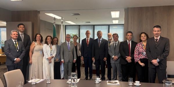 Autoridades que participaram da reunião posam para a foto.