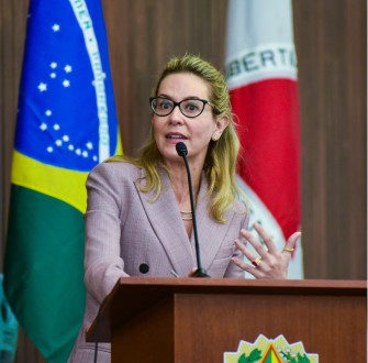Ministra Maria Claudia Bucchianeri. Atrás dela, aparecem bandeiras do Brasil e de Minas Gerais.