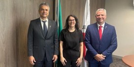Imagem tendo ao fundo bandeiras do Brasil e de Minas Gerais e à frente o Des. Presidente, a serv...