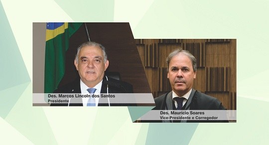 TRE-MG-posse-2021 Fotos dos desembargadores Marcos Lincoln dos Santos e Maurício Soares sobre um fundo verde claro.