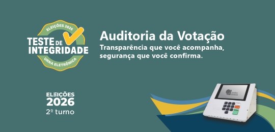 Banner verde escuro com a logomarca teste de integridade, o desenho de uma urna eletrônica e as ...