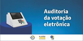 Banner azul com o desenho de uma urna eletrônica e a expressão auditoria da votação eletrônica