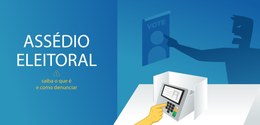 Banner retangular na cor azul. No lado direito, há o desenho de uma mão digitando na urna eletrô...