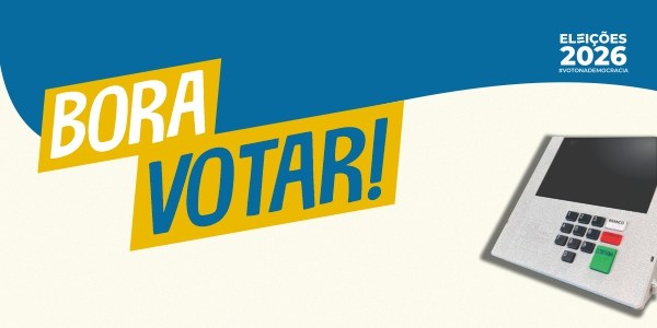 Banner nas cores creme e azul, com o desenho de uma urna eletrônica no canto esquerdo e a frase ...