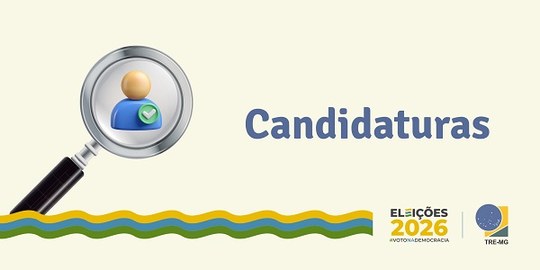 Banner na cor creme com o desenho de uma lupa sobre um boneco, a palavra Candidaturas e as logom...