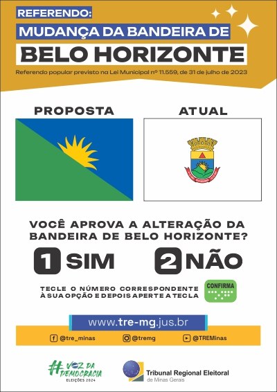 Cartaz vertical nas cores branco e amarelo. Na parte superior, está escrito: referendo - mudança...