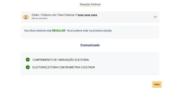 Banner da tela de consulta da situação eleitoral. No texto, consta "Seu título eleitoral está re...