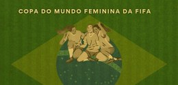 Desenho de três mulheres com uniforme da seleção de futebol sobre a bandeira do Brasil.
