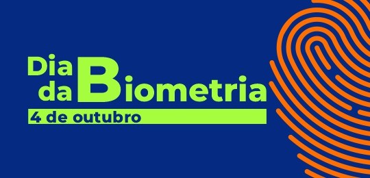 Banner azul escuro com o desenho de uma impressão digital na cor laranja no canto direito. No ca...