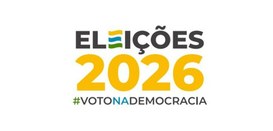 Banner com fundo branco. Ao centro, a inscrição Eleições 2026, sendo que o segundo E é composto ...