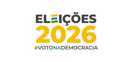 Banner com fundo branco. Ao centro, a inscrição Eleições 2026, sendo que o segundo E é composto ...