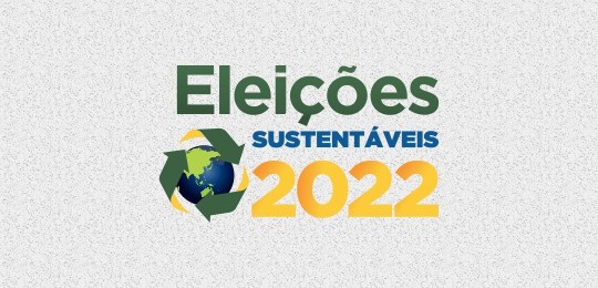Banner retangular com fundo imitando papel reciclado, a inscrição eleições sustentáveis 2022 e o...