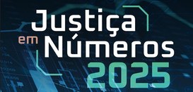 Banner com fundo preto e detalhes em azul claro. No centro, está escrito Justiça em Números 2025.