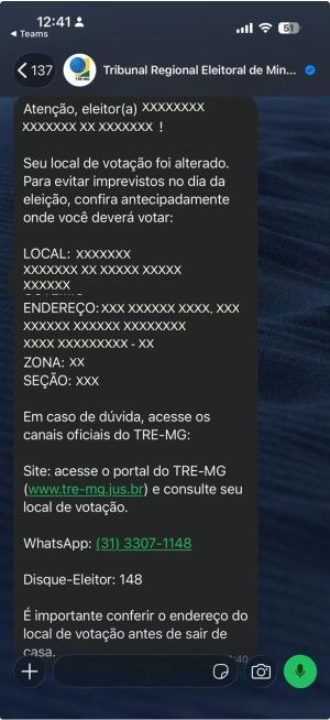mensagem WhatsApp - mudança local de votação