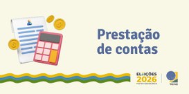 Banner com o texto 'Prestação de contas'. Do lado esquerdo, imagens de moedas, calculadora e papel.