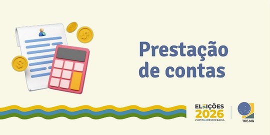 Banner com o texto 'Prestação de contas'. Do lado esquerdo, imagens de moedas, calculadora e papel.
