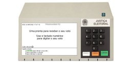 Print da tela do simulador de votação, mostrando o desenho de uma urna eletrônica com orientaçõe...