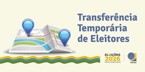 Banner na cor creme com o desenho de um mapa, o título transferência temporária de eleitores e a...