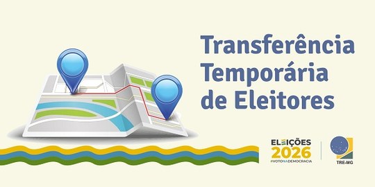 Banner na cor creme com o desenho de um mapa, o título transferência temporária de eleitores e a...
