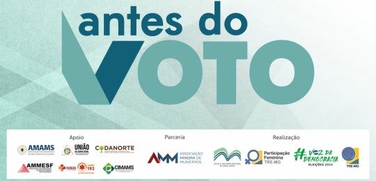 Card com fundo azul claro com escrito "Antes do Voto" e logomarca dos patrocinadores/apoiadores ...