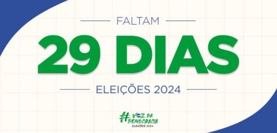 Um retângulo escrito Faltam 29 dias Eleições 2024, com a logo Voz da Democracia Eleições 2024