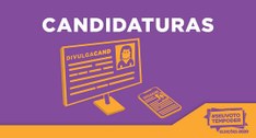 Imagem retangular com fundo roxo e rodapé laranja. No centro, aparece o título "Candidaturas" e ...