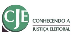 Logo do projeto Conhecendo a Justiça Eleitoral. No canto esquerdo, há um círculo verde com as le...