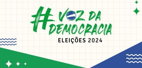 Logomarca Eleições 2024 sobre fundo claro com detalhes em verde e azul.