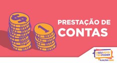 Imagem retangular com fundo vermelho e rodapé branco. No centro, há a expressão "Prestação de co...