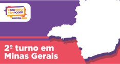 Imagem retangular com fundo roxo e vermelho. No canto direito, há o mapa de Minas Gerais. No can...