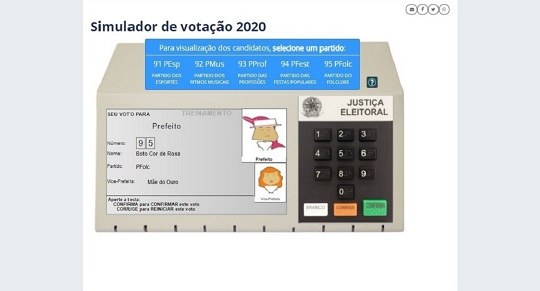 Imagem do simulador de votação das eleições 2020. No centro, há o desenho de uma urna eletrônica...